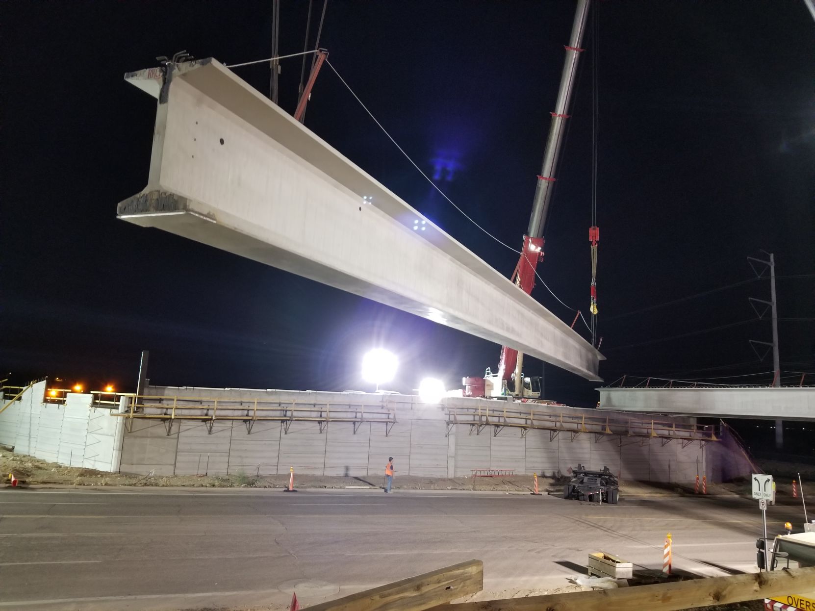 Two 450-ton cranes were used to installed the girders, each one taking an hour to place. Concrete won’t be poured until next week.